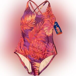 SPEEDO Tropical Leaf Swim Suit Fauna Cross Back Floral Palm Boho Barbie Beach M